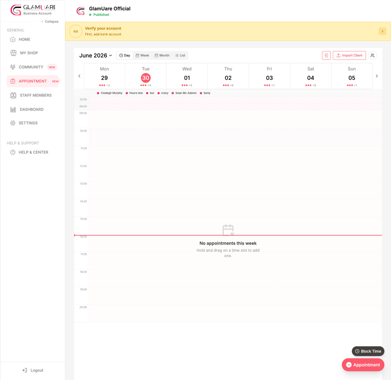 Glamuare app — Calendar & bookings